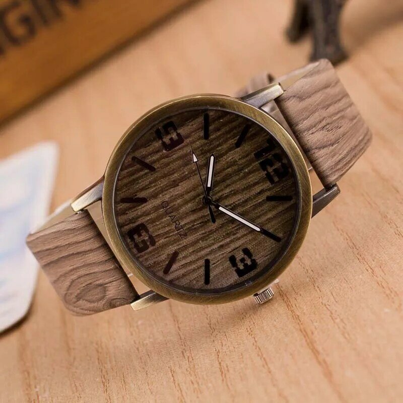 Simulação quente de madeira masculino relógios de quartzo popular casual cor de madeira pulseira de couro relógio personalidade criativa masculino relógio de pulso