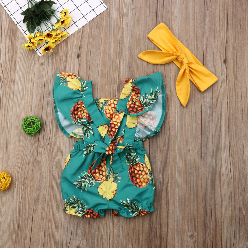 Одежда для новорожденных девочек, комплект из 2 предметов с оборками и рукавами-крылышками, Детский комбинезон с повязкой-бантом