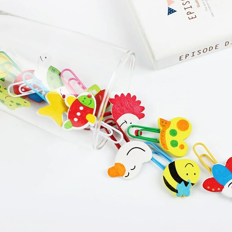 12PCS Student Cartoon Wooden Clips Cute Animal Paperclip Bookmarks Clips Learning Office Supplies