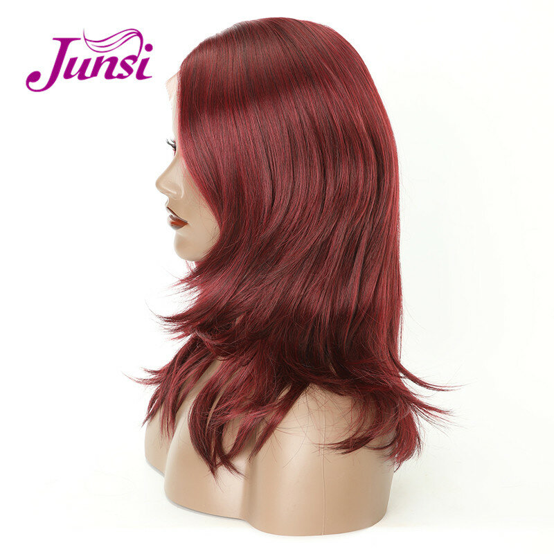 JUNSI – perruque Lace Front Wig ondulée naturelle, perruque synthétique rouge vin courte pour femmes, résistante à la chaleur