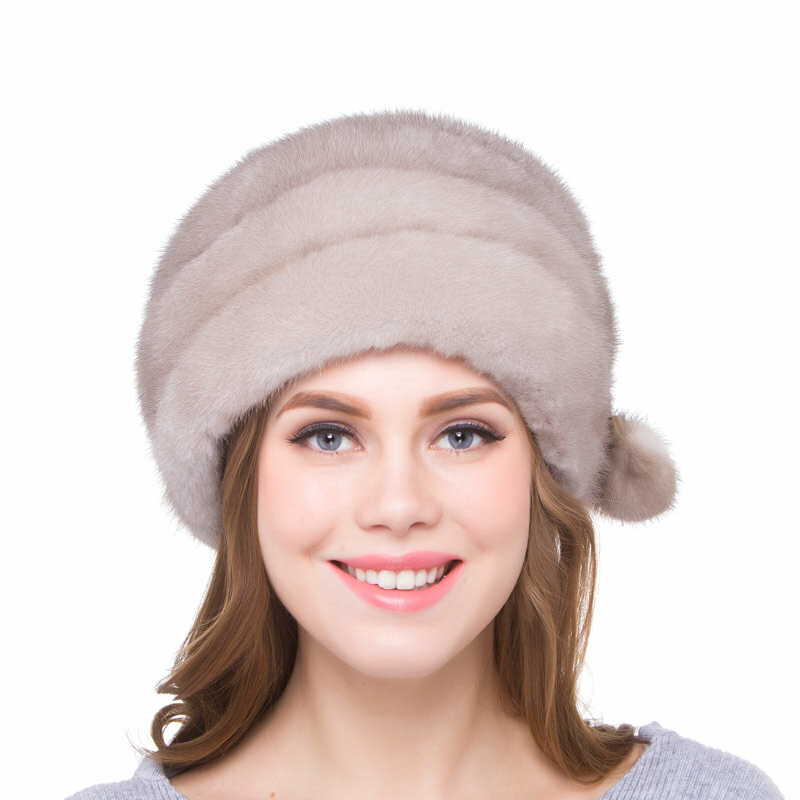 Winter Women's Mink Fur Hat Warm Stripe Personalized Design Handmade New Street Luxury Real Fur Cap With Fashion Ball Decoration