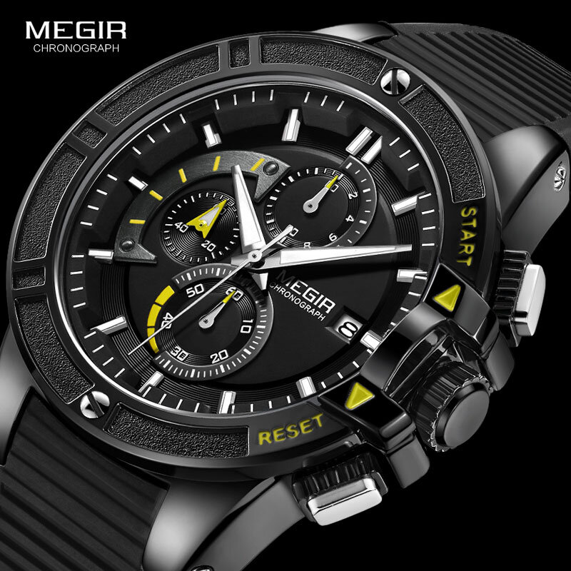 Megir relógio masculino com pulseira luminosa, de silicone, com cronógrafo, hora militar, preto, 2019
