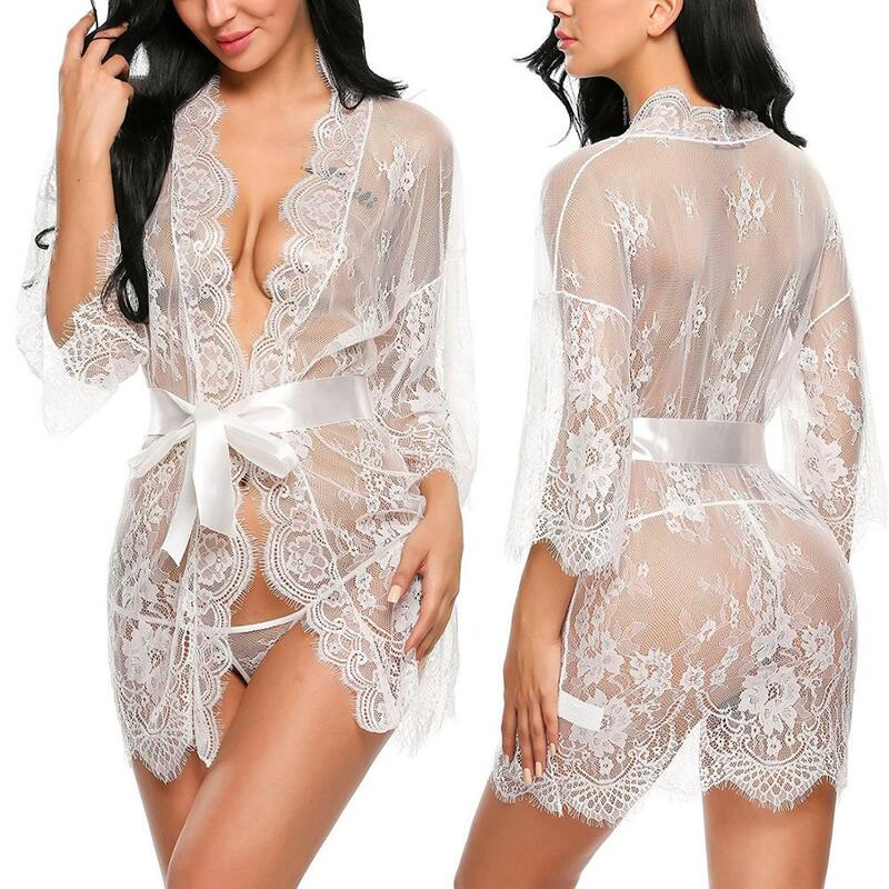 Sexy Vrouwen Lingerie Lace Night Dress Nachtkleding Nachtjapon Bandage Diepe V G-string See Through Sexy Sheer Slaap Jurk 2019 Zijdeachtige
