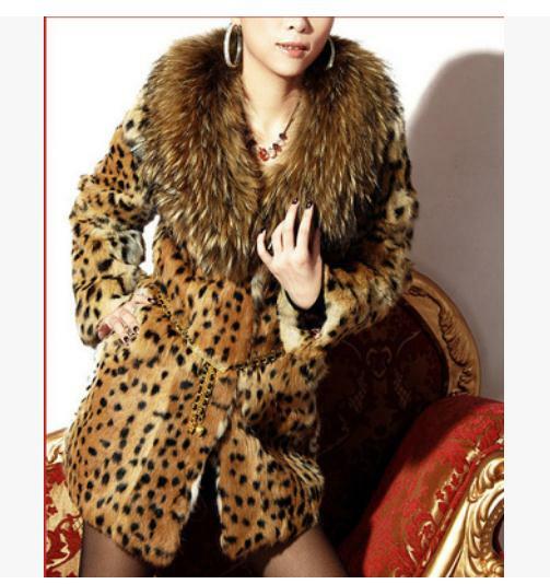Abrigo de piel sintética con estampado de leopardo para mujer, abrigo informal con cuello de piel de mapache, Chaqueta larga de piel hecha a la moda, talla grande K18, S/9XL