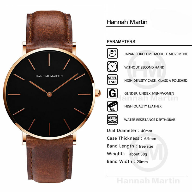 Hannah martin relógio masculino de quartzo, casual, à prova d'água, couro preto, masculino, relógio de pulso, vestimenta, masculino