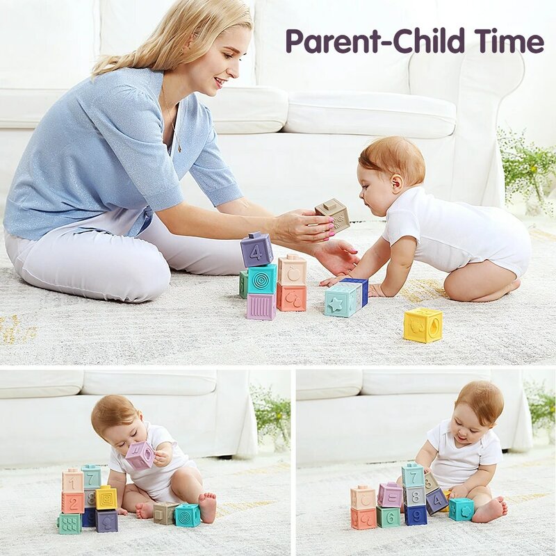 Tumama 12Pcs Mainan Bayi Lembut Blok Bangunan Yang Menumpuk Blok Tangan Sentuh Bola Pijat Bayi Karet Teethers Squeeze Mainan Mandi mainan