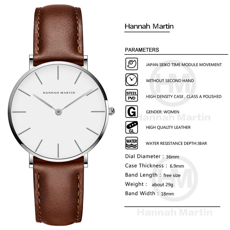 Hannah martin marca quartzo relógios de pulso prata marrom couro senhoras relógio à prova dwaterproof água vestido relógio feminino casual bayan kol saati