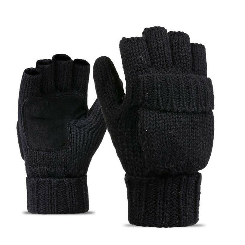 NDUCJSI Winter Warm Exposed Finger Mittens Knitted Warm Flip Half Finger Gloves Men Women Wool Work Thick Male Fingerless Gloves