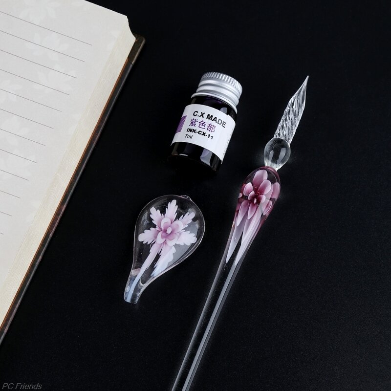 Vintage Handmade Art คริสตัลดอกไม้ปากกาแก้วป้ายหมึกปากกาของขวัญ Drop Ship