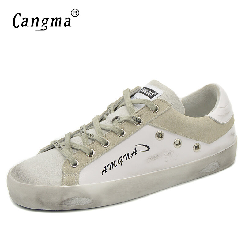 Cangmabrand الفاخرة العلامة التجارية مصمم حذاء كاجوال للنساء جلد الغزال جلد طبيعي السيدات حذاء أبيض منخفض قمة خمر أحذية رياضية الإناث