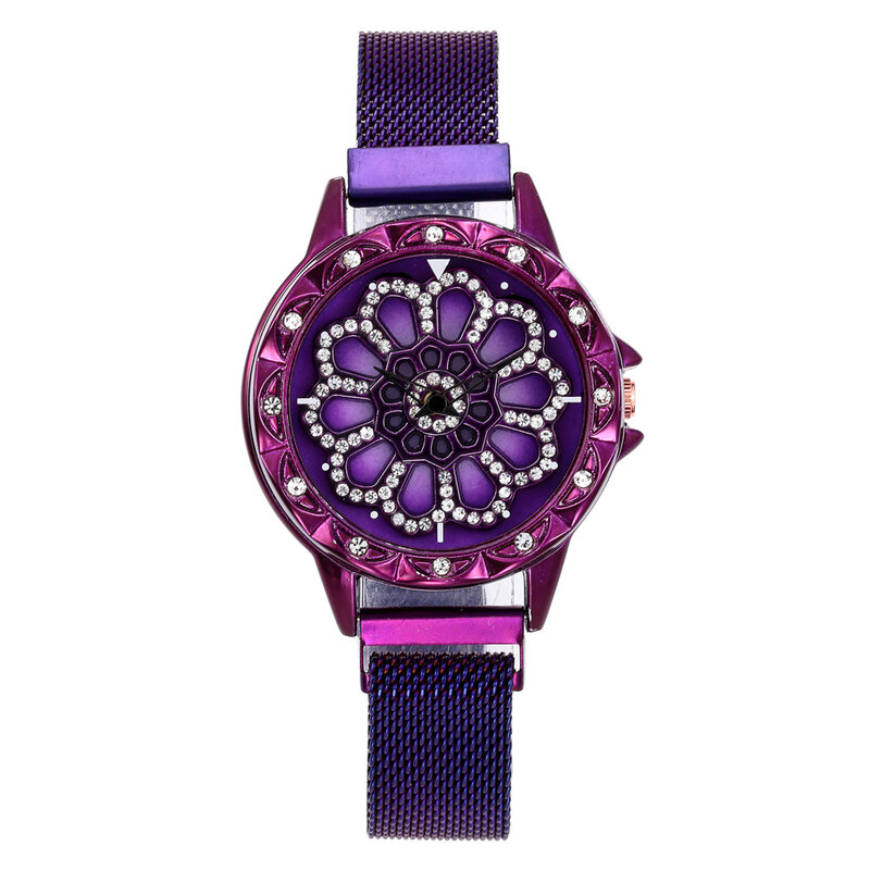 Women Watch Mesh Magnet 360 Degree Rotating Dial Ladies Watch Luxury Fashion Diamond Quartz Watch for Women Clock Relogio Femino
