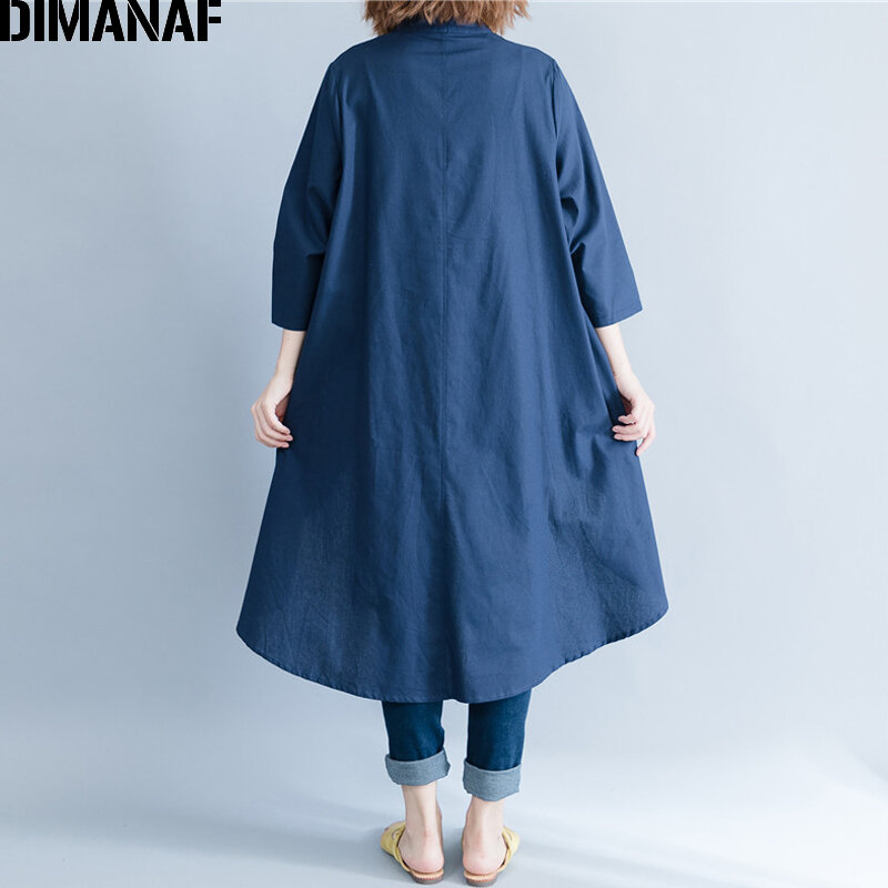 DIMANAF – chemisier à manches longues pour femmes, haut fin en lin, grande chemise ample brodée pour dames, décontracté grande taille 2XL