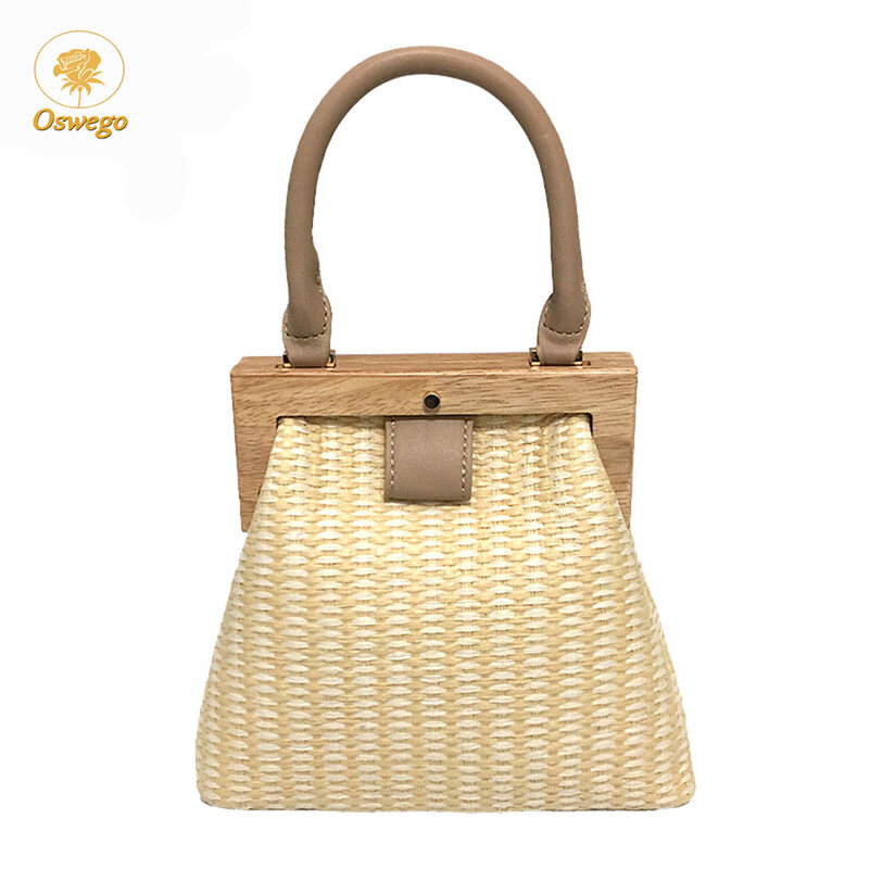 Oswego Straw Bag 2019 New Fashion Wooden Clip Women Shoulder Bag Summer Travel Beach Bag Luxury Handbags Women Bags Designer