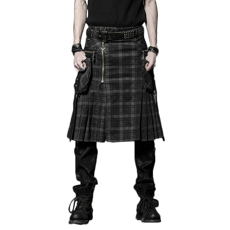 Коричневый готический панк костюм шотландской килт, двойные карманы, мужские юбки с поясом, клетчатые юбки, двусторонние карманные юбки с ц...