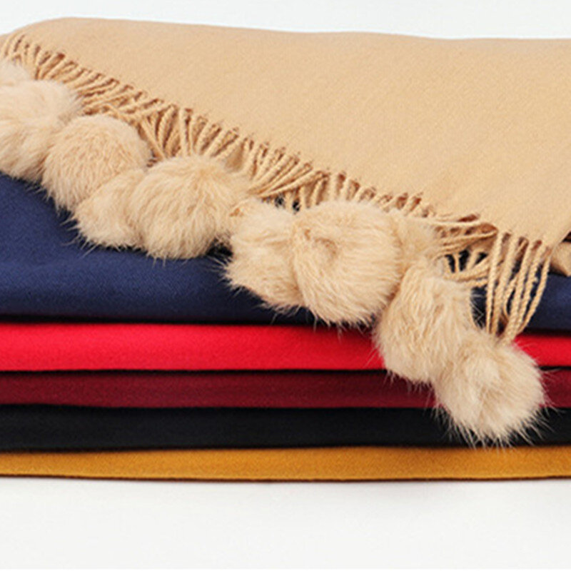 Bufandas de Cachemira de alta calidad para mujer, chal grueso y cálido de punto, con borla de bola esponjosa, a la moda, para invierno