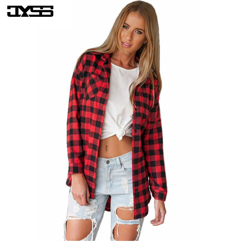 Fashionable college style plaid student red black blouses casual loose irregular long sleeve blouse for women 80333#