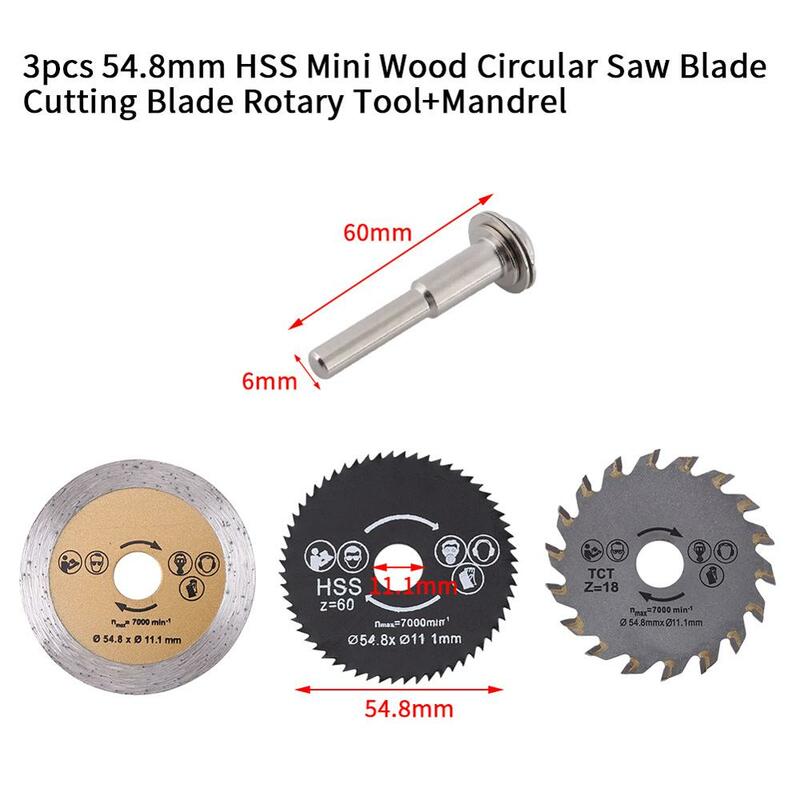 Disco de corte de hoja de sierra Circular, vástago de disco de corte HSS para Mini herramientas de taladro, taladros de madera, herramientas de salida + mandril de alto Quanl, 54,8mm, 3 uds.