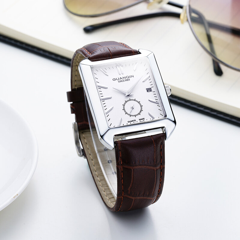GUANQIN moda męskie zegarki top marka luksusowy prostokąt zegarek kwarcowy kalendarz mały drugi dial skórzany pasek nowy Erkek kol saati