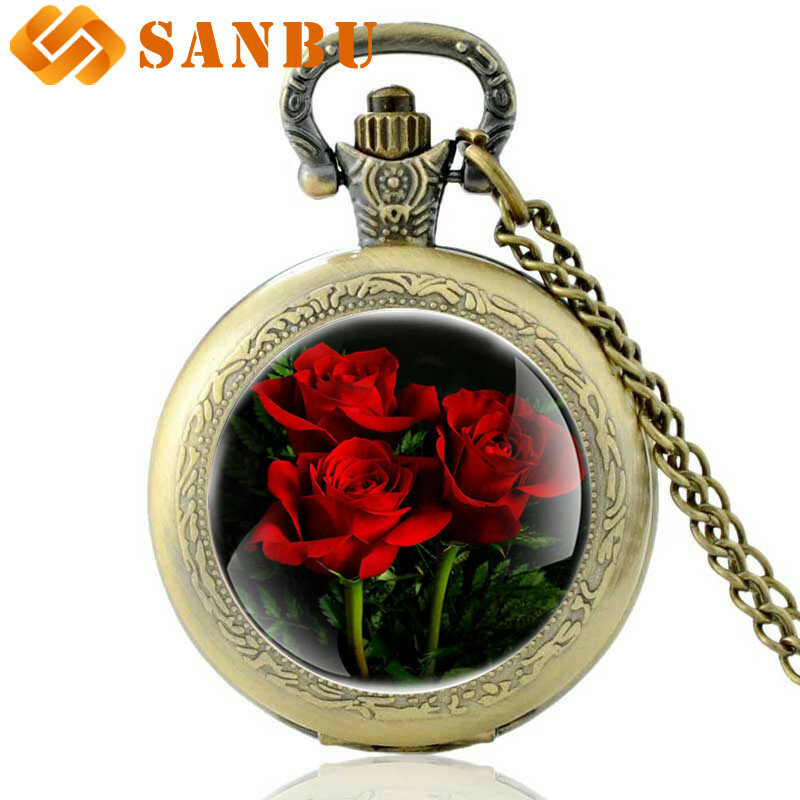 Reloj de bolsillo de cuarzo para hombre y mujer, joyería Retro, con rosas Vintage, bronce