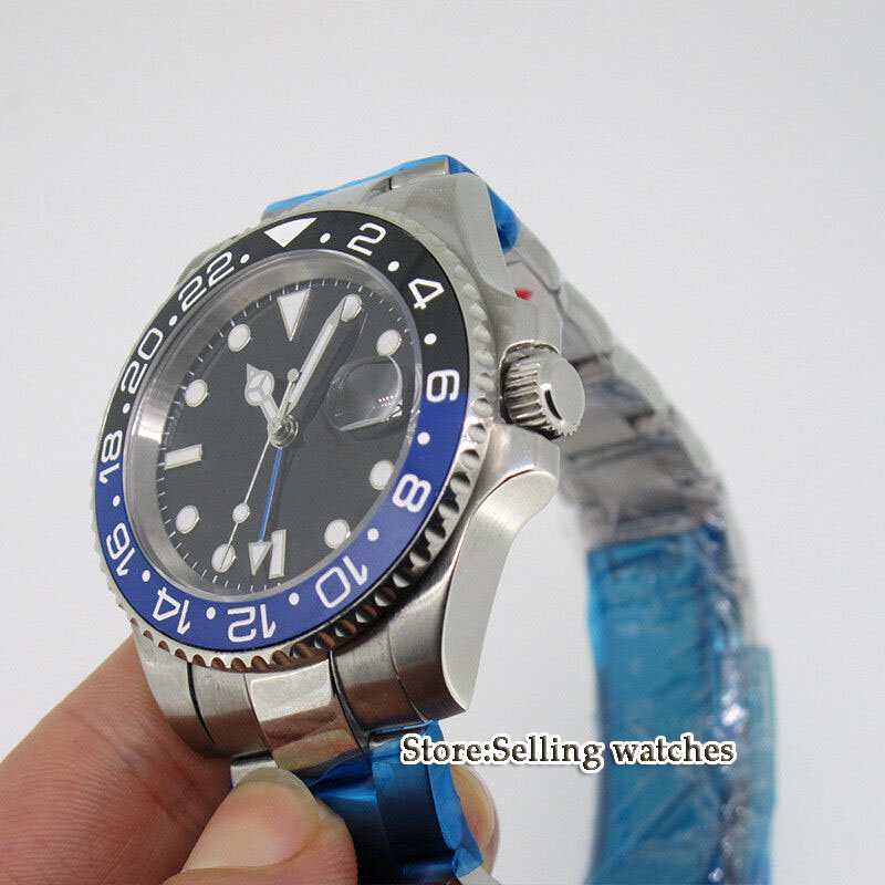 Relógio masculino 40mm para homens, indicador preto, gmt, data de safira, movimento automático