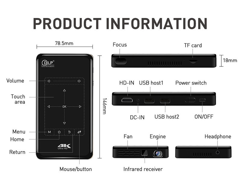 Портативный карманный проектор ByJoTeCH P09 PLUS, цифровой проектор с поддержкой разрешения 2G16G, FULL HD, 4K, Amlogic S905X, Wi-Fi, Bluetooth 4,1
