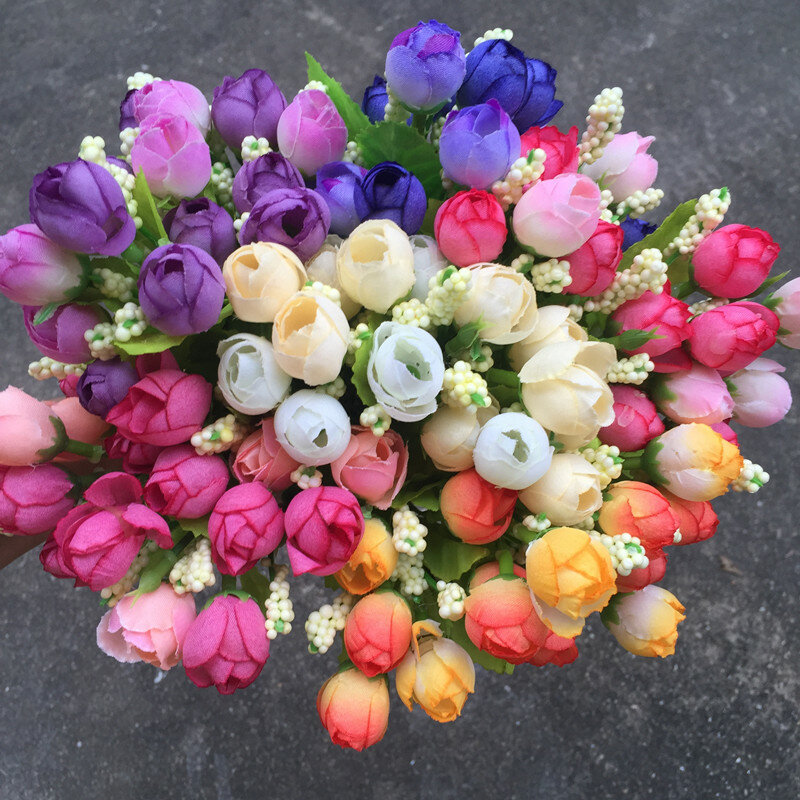 Flores artificiales de seda de colores para decoración del hogar, Mini rosas de 15 cabezas, ramo de rosas pequeñas para boda