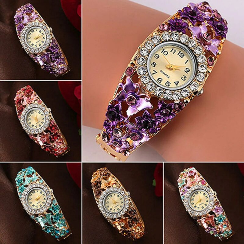女性の蝶の花クリスタルラインストーンブレスレットバングルクォーツ腕時計