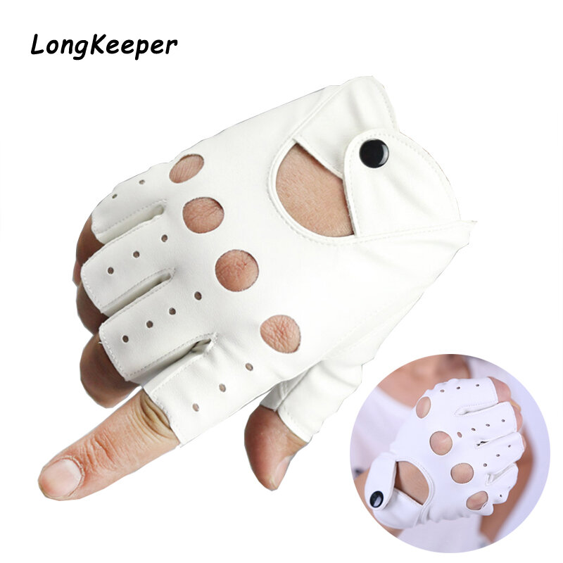 Longkeeper-Guantes de medio dedo para mujer, de cuero PU, sin dedos, para conducir, blanco y negro