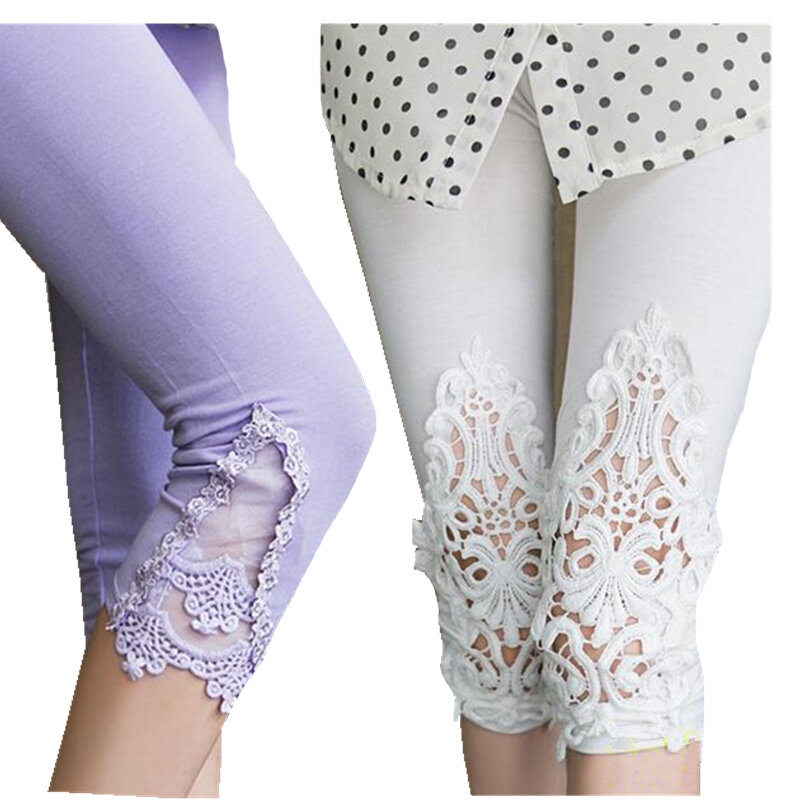 INDJXND-Pantalones a media cintura para mujer, medias con huecos en la rodilla de algodón, de encaje, a la moda, delgados, florales, de verano, novedad