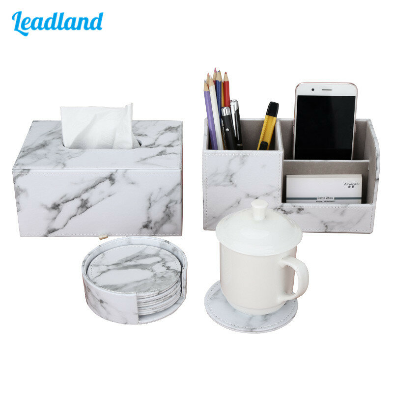 Office Supplies Marble PU Leather Desk Organizer Sets Pen Holder Storage Box Tissue Box Cup Coaster 3 Pcs/Set New Arrival