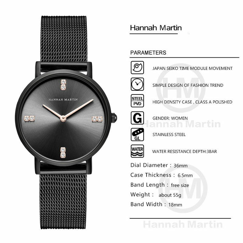 Hannah Martin-relojes de cuarzo de marca para mujer, accesorio de lujo, resistente al agua, de acero inoxidable negro, informal, Bayan Kol Saati