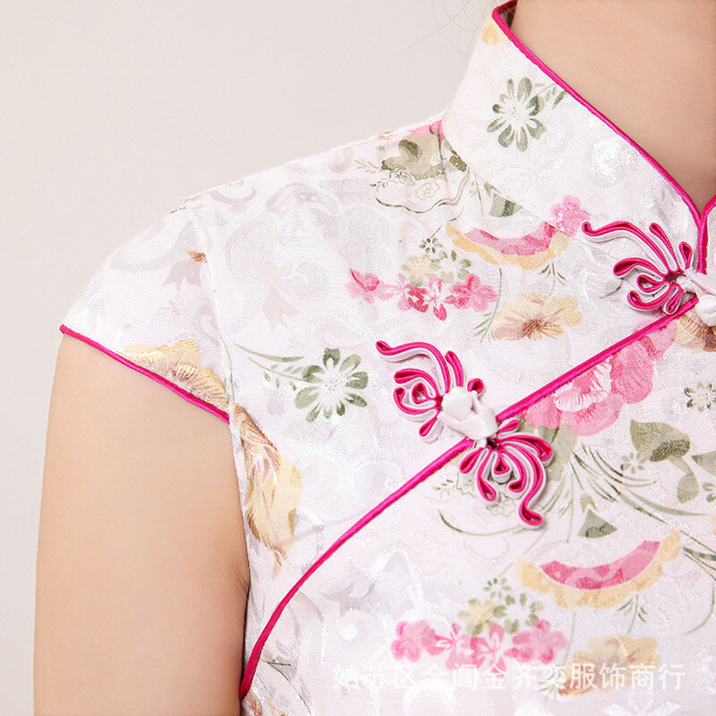 فستان سهرة من الساتان والحرير الصيني التقليدي ، جديد ، ياقة عالية ، بدون أكمام ، تشيباو ، فريد ، صيفي