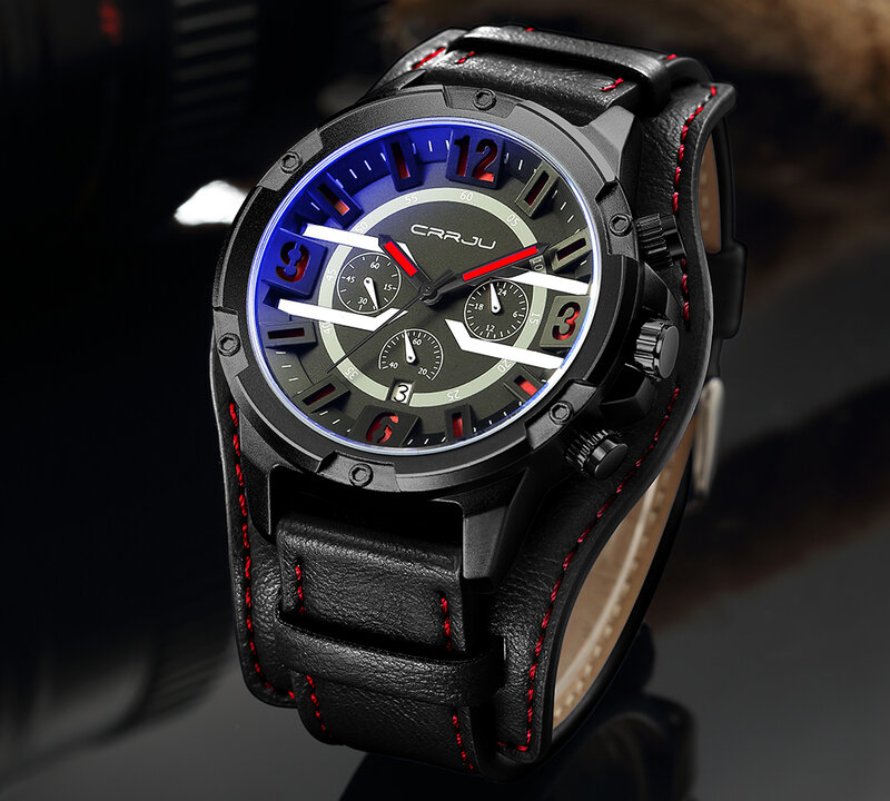 Crrju novos relógios masculinos de luxo marca chronograph sports men relógios couro quartzo à prova dwaterproof água homem relógios pulso relogio masculino