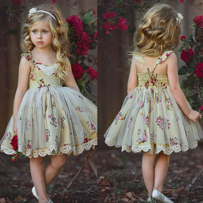 2 zu 6 Jahr Kid Baby Mädchen Kleider Blumen Druck Prinzessin Mädchen Kleid Party Tragen Tüll Kinder Kinder Abendkleid geburtstag Kleid