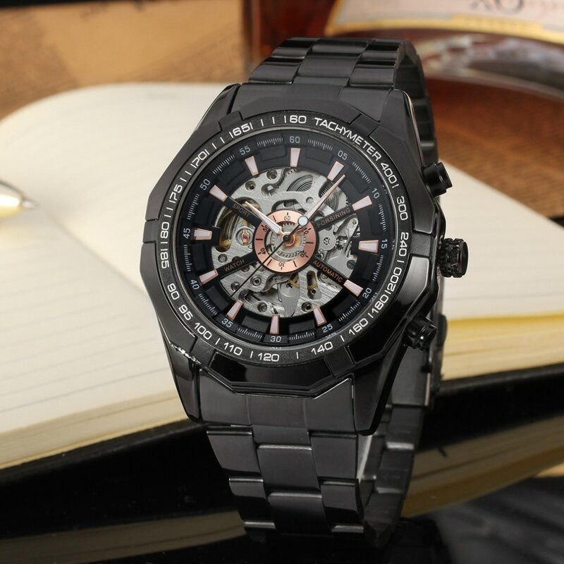 ผู้ชนะนาฬิกาผู้ชายอัตโนมัตินาฬิกายี่ห้อLuxury Men's CLASSIC LuminousสแตนเลสสตีลSelf Skeletonเครื่องกลนาฬิกานาฬิกา