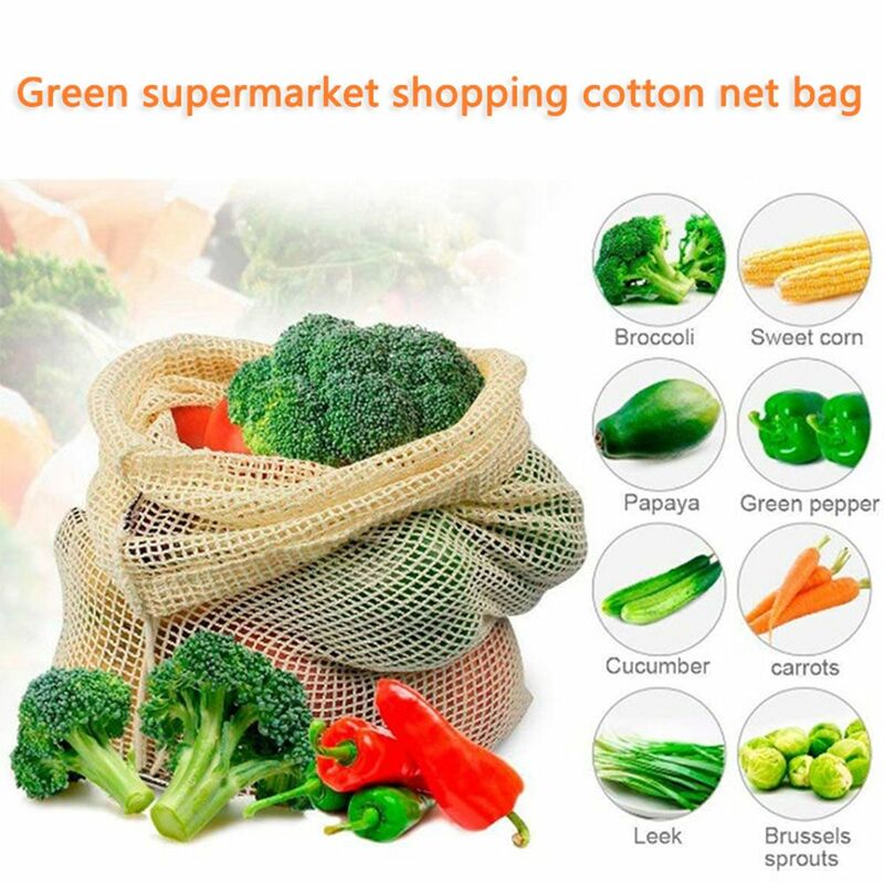 Dapat Digunakan Kembali Sayuran Tas Katun Buah dan Sayur dengan Tali Tas Belanja Rumah Penyimpanan Dapur Mesh Tas Mesin