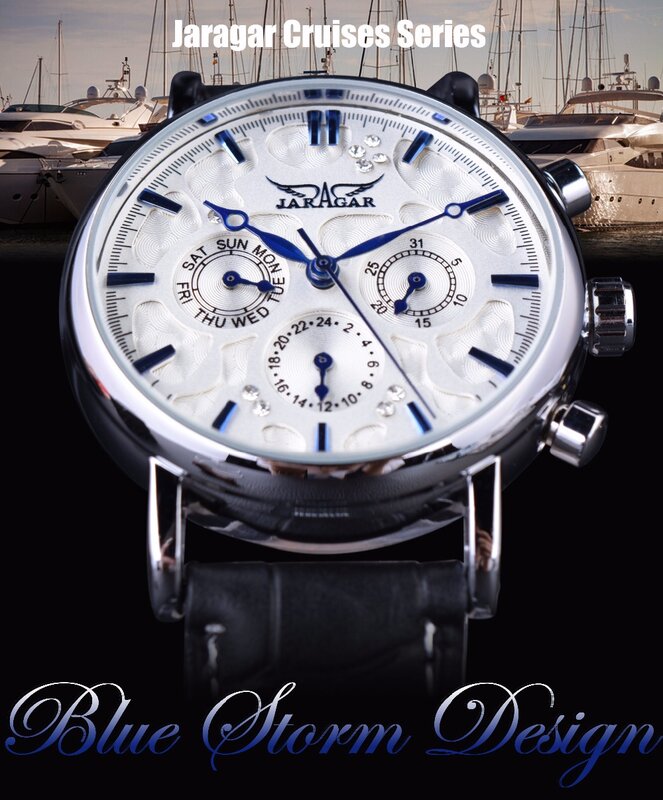 Jaragar-ساعة يد رجالية أوتوماتيكية بسوار من الجلد الطبيعي ، سلسلة Blue Sky ، تصميم أنيق ، فاخرة