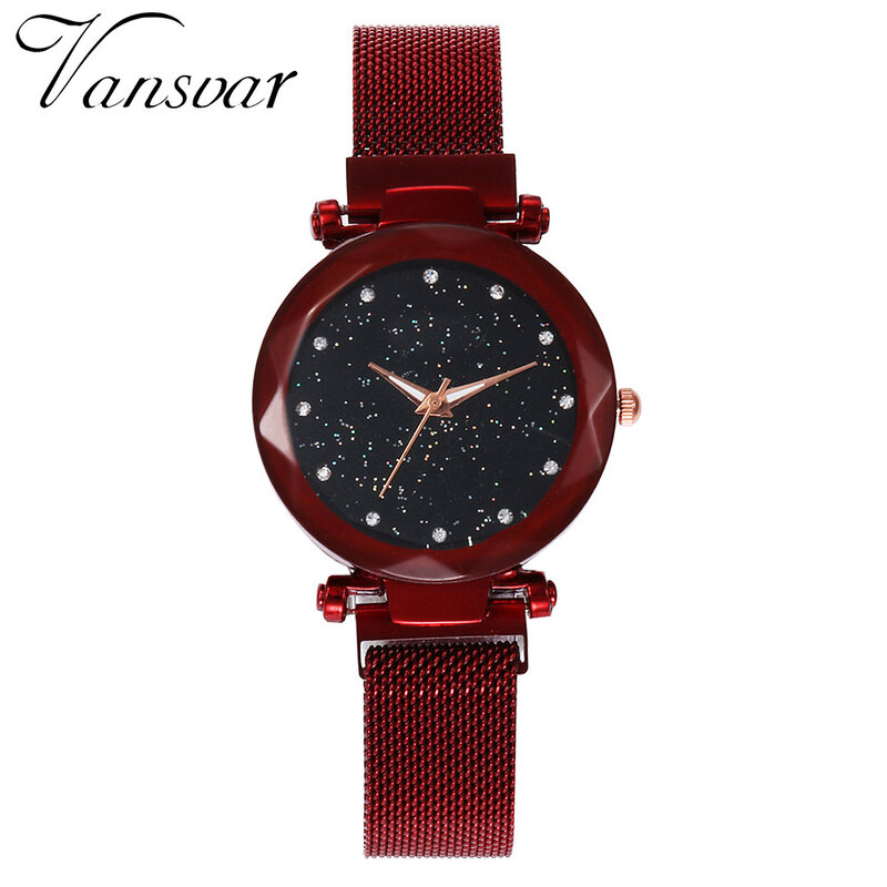 Vansvar-Reloj de pulsera analógico para mujer, accesorio de marca de lujo, de cuarzo y acero inoxidable, con hebilla magnética de malla y cielo estrellado, A7