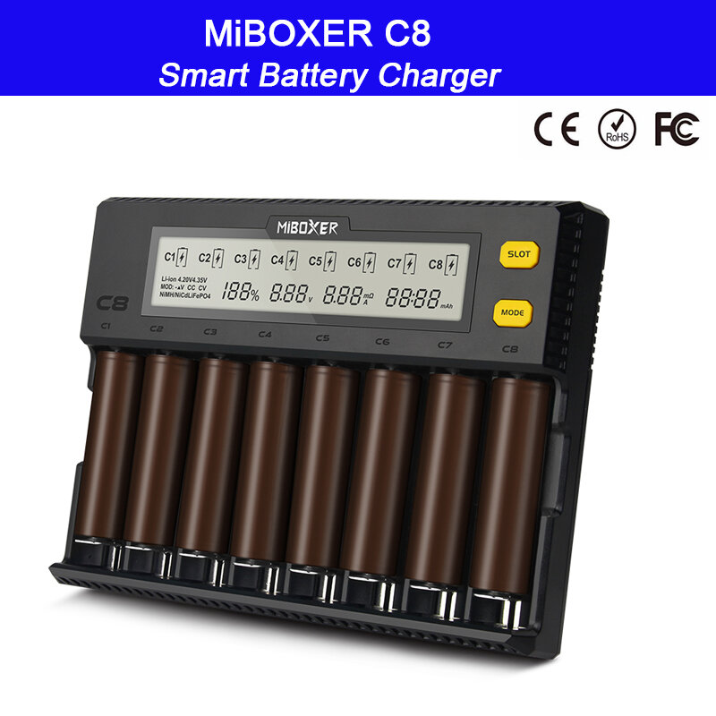 MiBOXER C8 18650 Battery Charger LCD Display 1.5A for Li-ion LiFePO4 Ni-MH Ni-Cd AA 21700 20700 26650 18350 17670 RCR123 18700