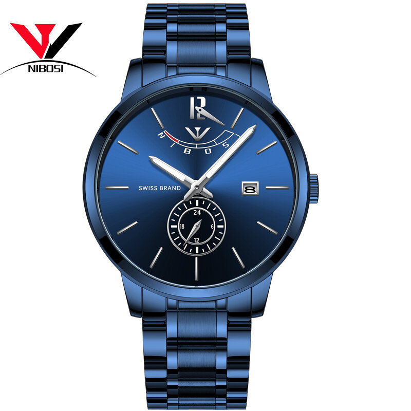 Nibosi-メンズクォーツ時計,高級ブランド,耐水性,アナログスチール腕時計,ブルー,2019,relogio 2018,男性