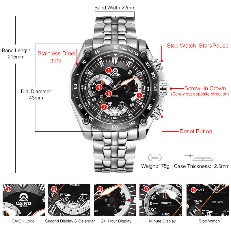 CAINO – montre-bracelet de luxe pour hommes, à Quartz, de marque, entièrement en acier, étanche, sport, Business