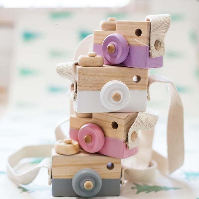 Mini cámara de madera lindo juguete de caricatura para bebé chico creativa cámara para cuello accesorio de fotografía de decoración educativo niños jugando a la casa