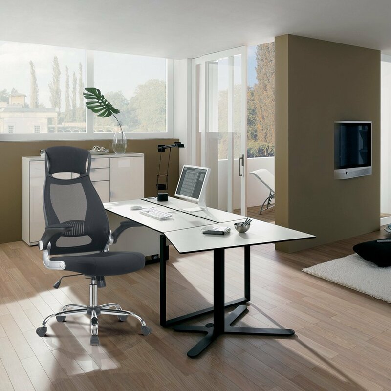 Silla de ordenador giratoria para oficina en casa, sillón ergonómico ajustable, color negro, en material malla, con espalda alta y acolchada con reposabrazos plegable, por 1 unidad