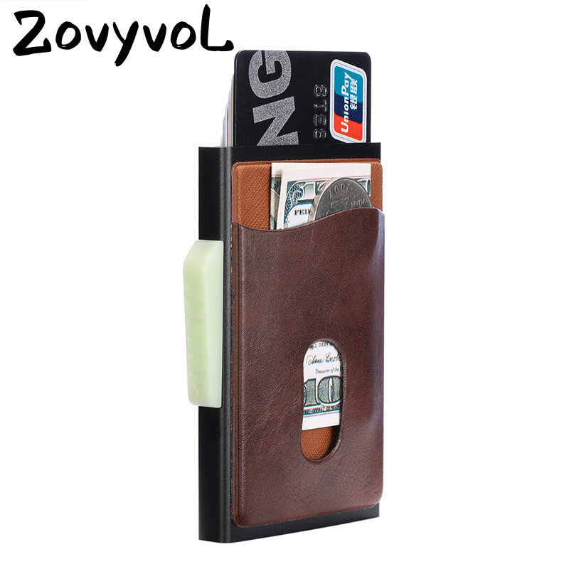 ZOVYVOL 금속 신용 카드 홀더, 자동 탄성 빈티지 알루미늄 지갑, 도난 방지 차단 지갑, PU 가죽 패스 포트 홀더