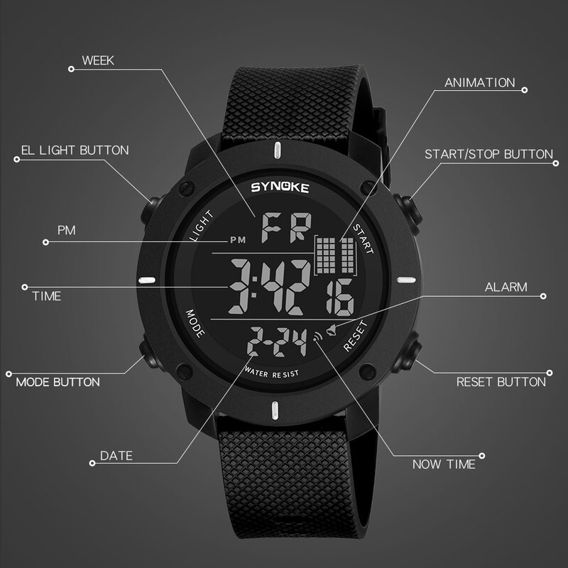 Часы наручные SYNOKE Мужские Цифровые, спортивные электронные светодиодсветодиодный в стиле милитари, водонепроницаемость 50 м