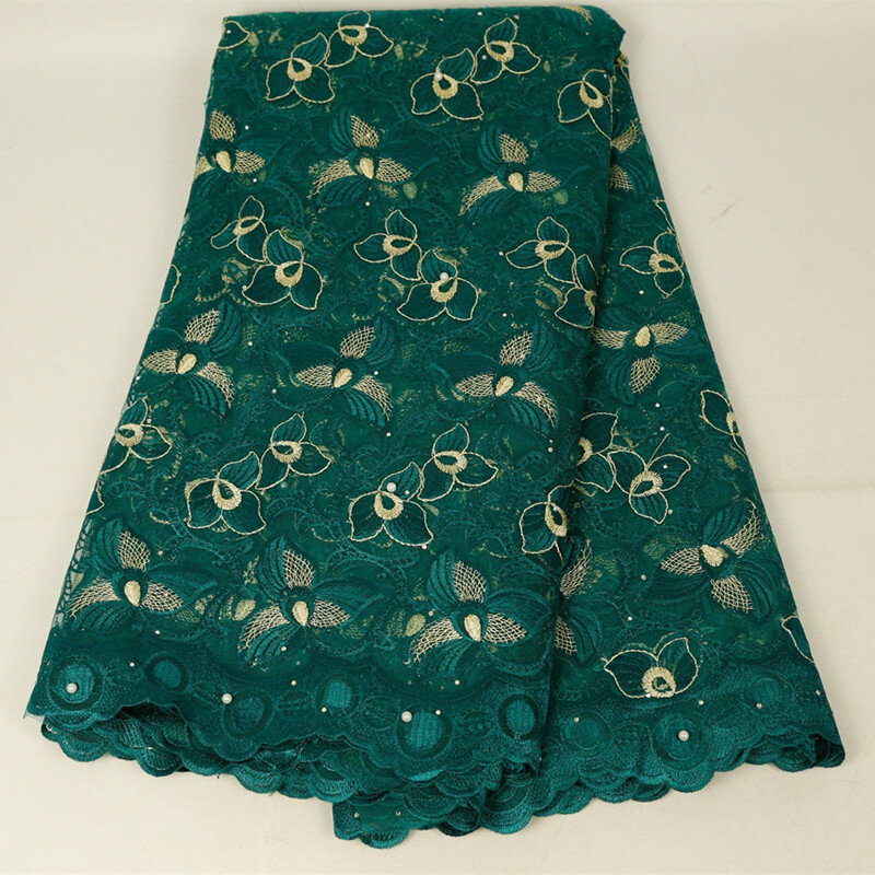 Tecido de renda com pérolas douradas, último tecido verde africano com bordado, tecido de renda francesa, voile