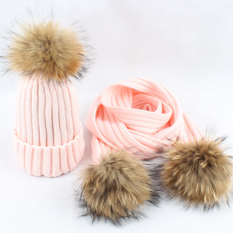 Winter 2 Pieces Set Women Winter Hat Scarf For Girls Hat Real Raccoon Fur Pom Pom Beanies Kids Cap Knitted Winter Hat Wholesale