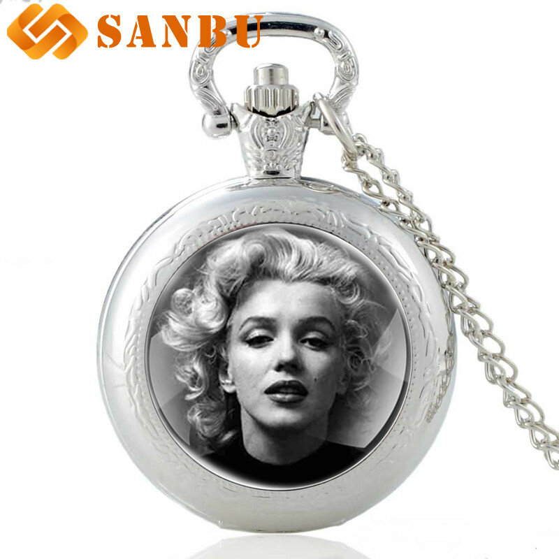 Klasyczne antyczne Marilyn Monroe kieszonkowy kwarcowy zegarek w stylu Vintage mężczyźni kobiety naszyjnik wisiorek Retro biżuteria