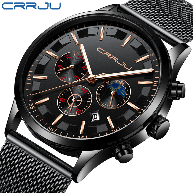 CRRJU Новые мужские модные многофункциональные часы с хронографом, сетчатый ремешок, водонепроницаемый секундомер, повседневный секундомер, ...