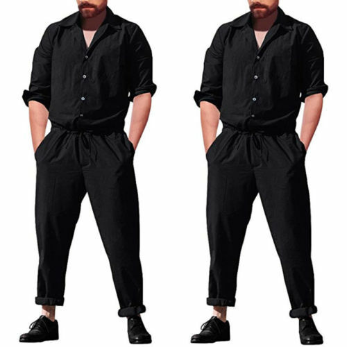 Macacão peça única para homens, macacão longo de manga comprida, casual da rua, com calças siamesas, cor sólida